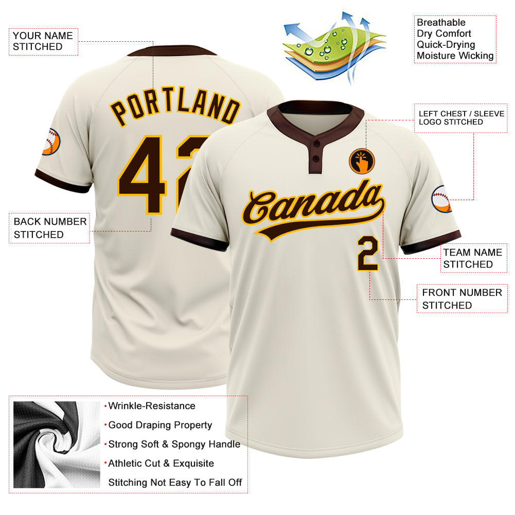 Custom Cream Brown-Gold Two-Button Unisex Softball Jersey view 3