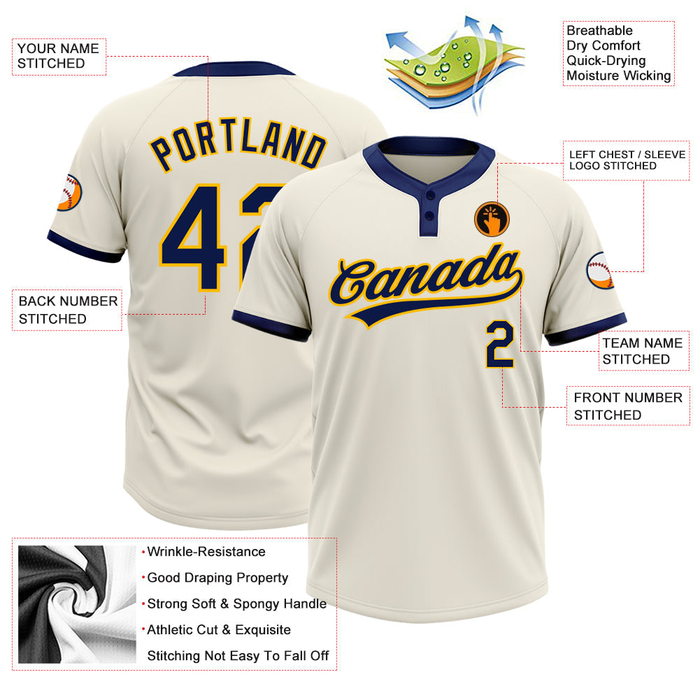 Custom Cream Navy-Gold Two-Button Unisex Softball Jersey view 3
