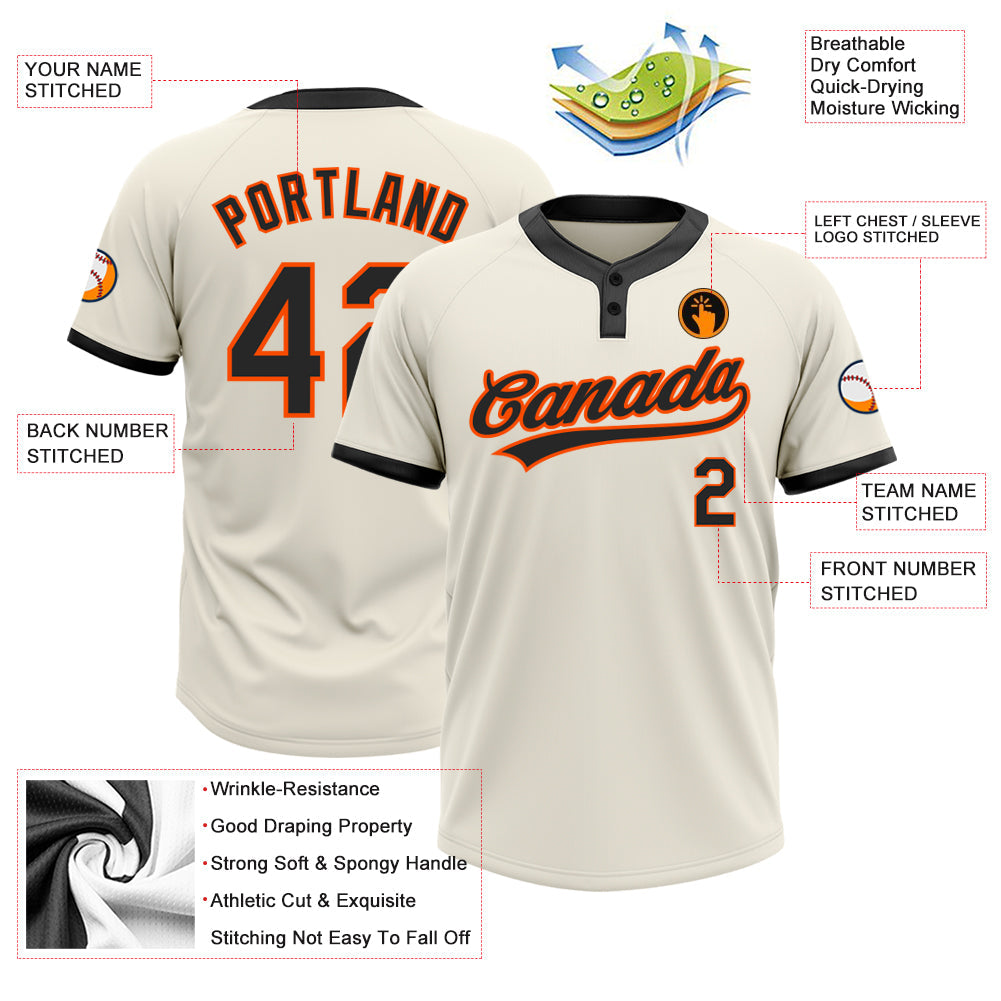 Custom Cream Black-Orange Two-Button Unisex Softball Jersey view 3