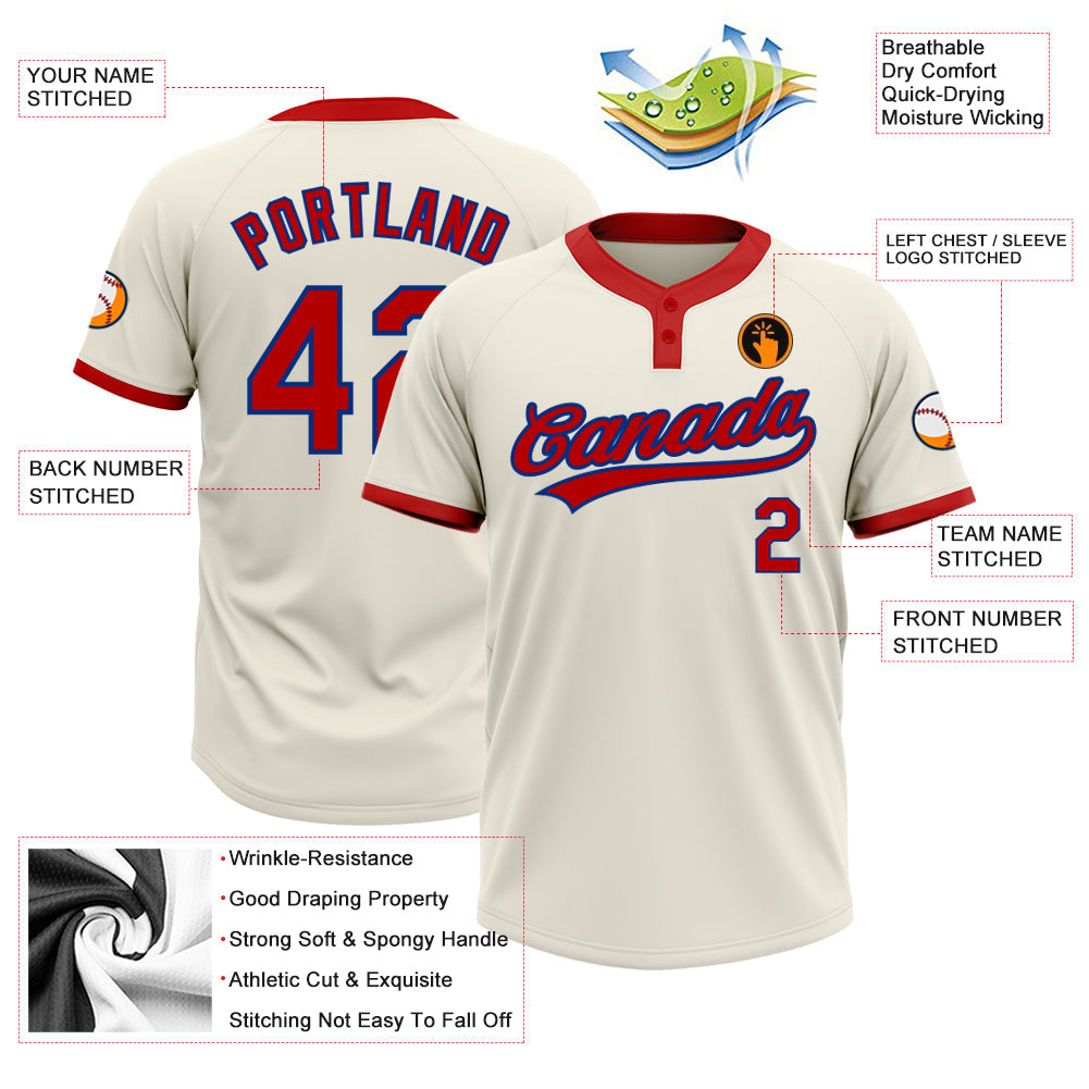 Custom Cream Red-Royal Two-Button Unisex Softball Jersey view 3
