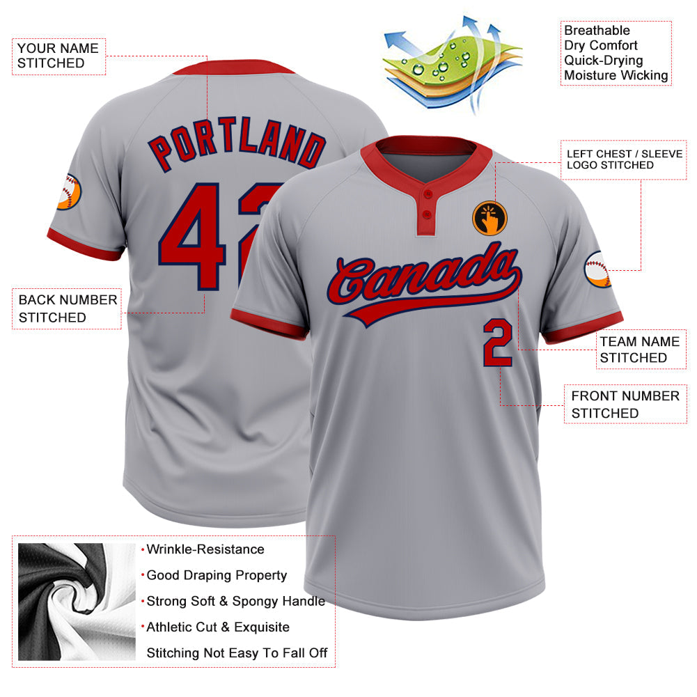 Custom Gray Red-Navy Two-Button Unisex Softball Jersey view 3