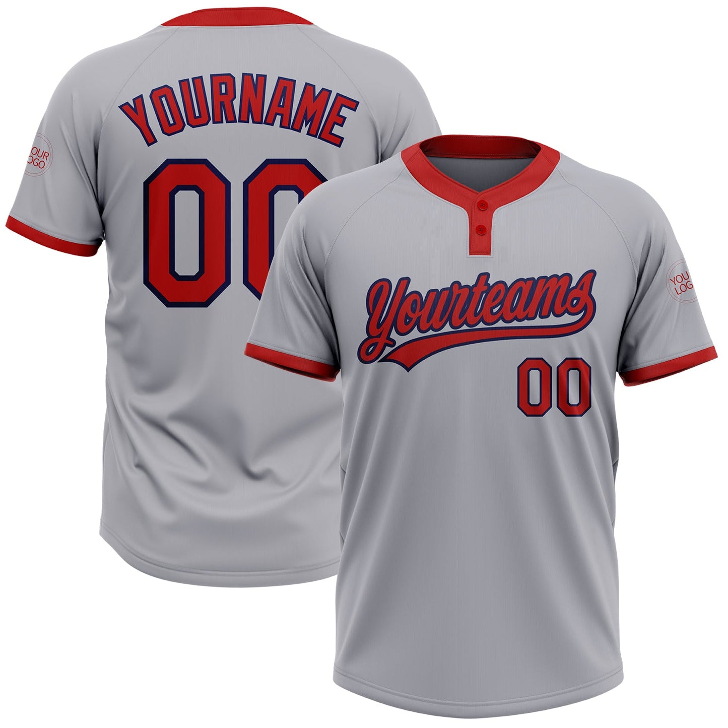 Custom Gray Red-Navy Two-Button Unisex Softball Jersey - Main View