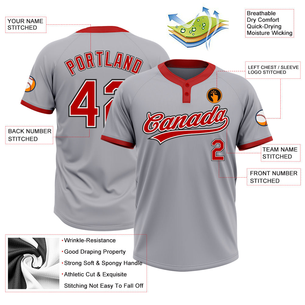 Custom Gray Red-Black Two-Button Unisex Softball Jersey view 3