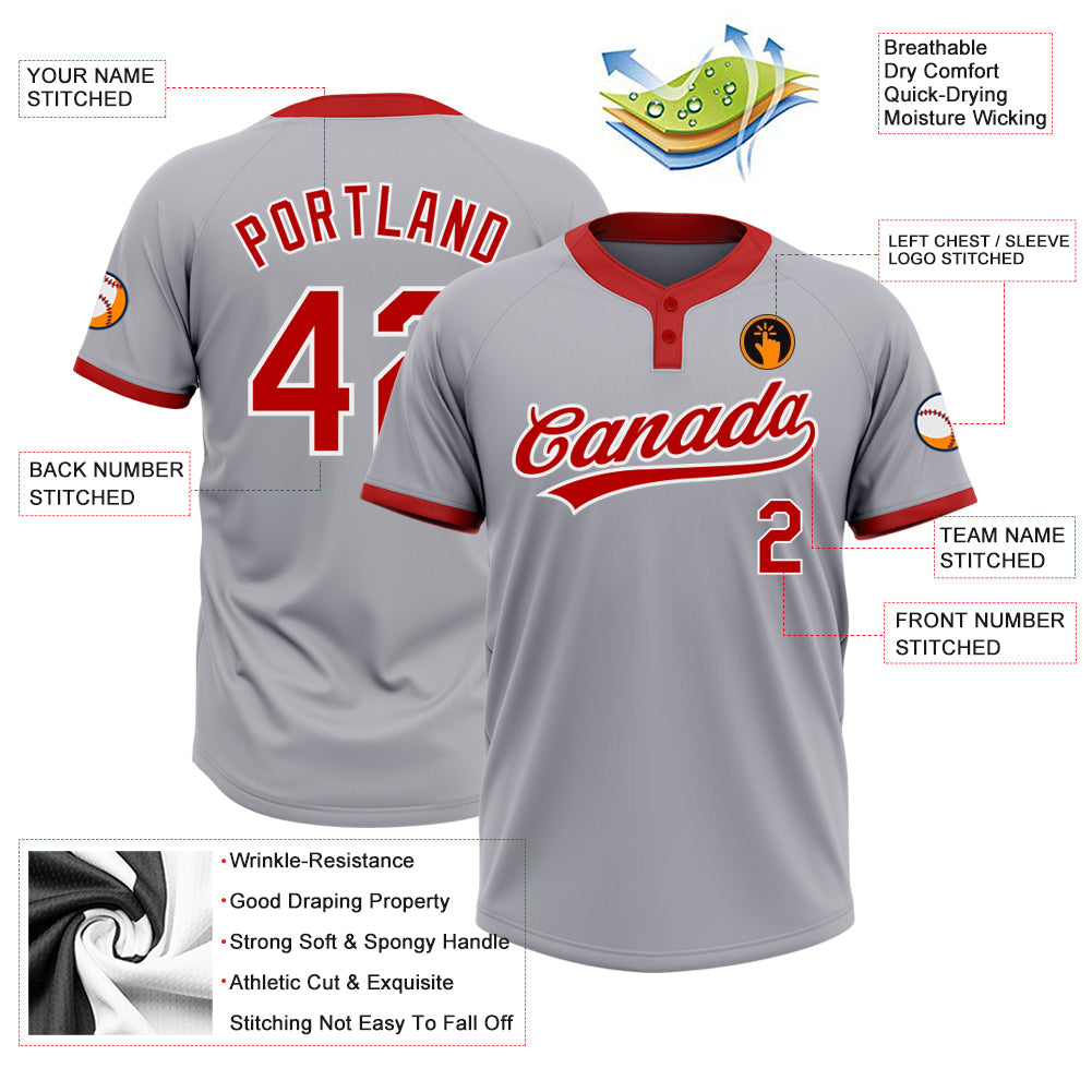 Custom Gray Red-White Two-Button Unisex Softball Jersey view 3