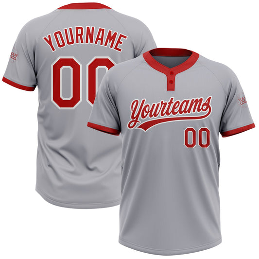 Custom Gray Red-White Two-Button Unisex Softball Jersey - Main View