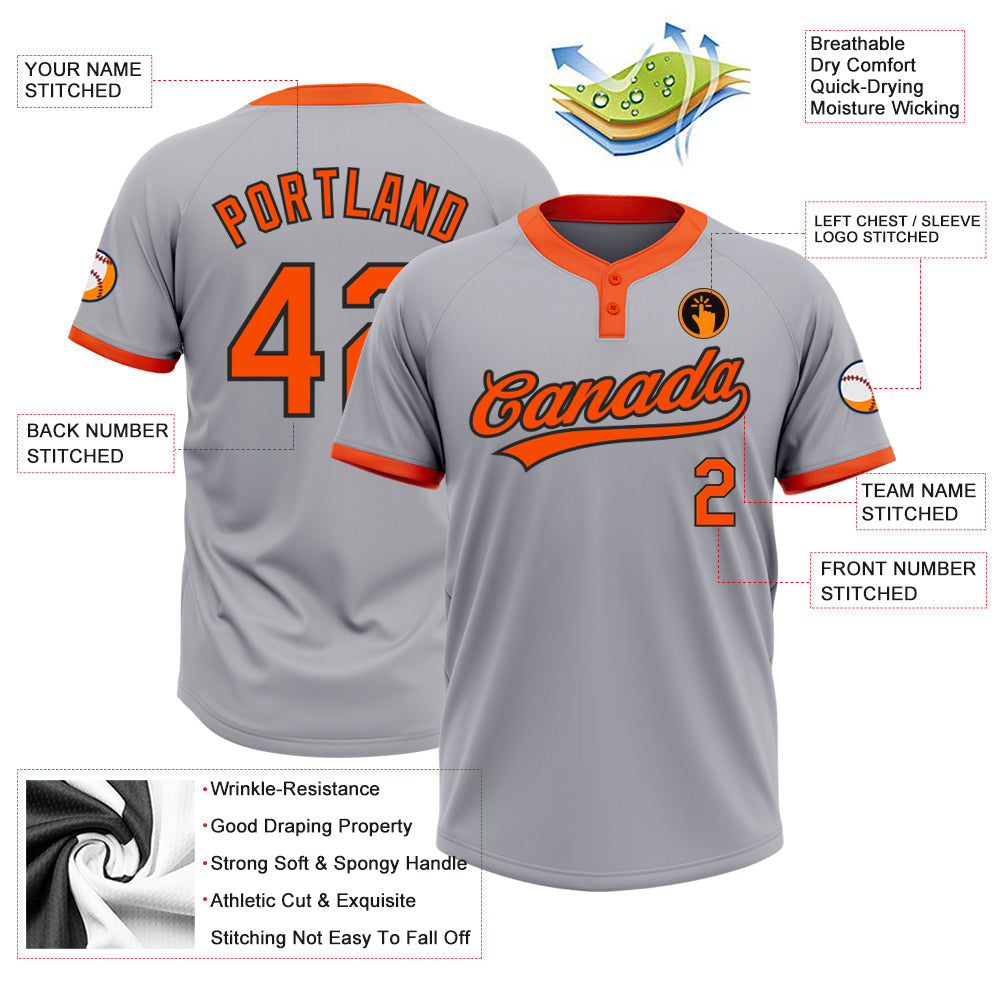 Custom Gray Orange-Black Two-Button Unisex Softball Jersey view 3