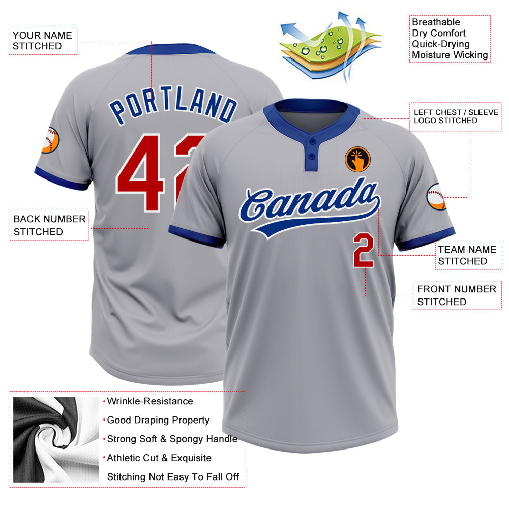 Custom Gray Red-Royal Two-Button Unisex Softball Jersey view 3