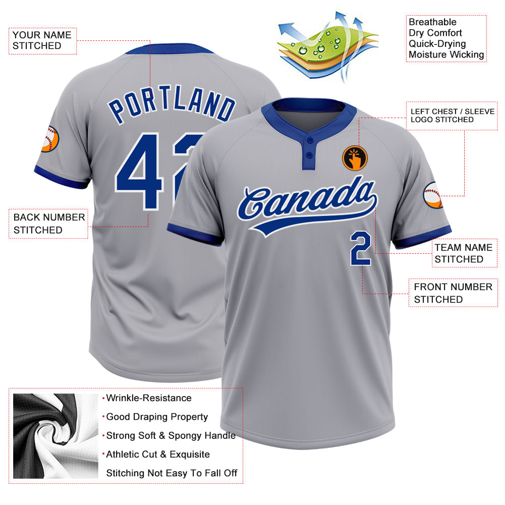 Custom Gray Royal-White Two-Button Unisex Softball Jersey view 3