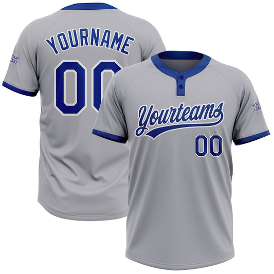Custom Gray Royal-White Two-Button Unisex Softball Jersey - Main View