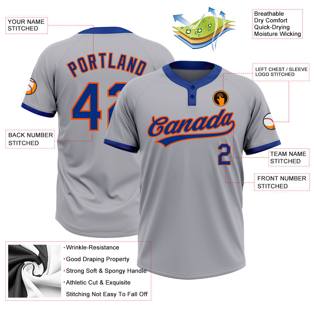 Custom Gray Royal-Orange Two-Button Unisex Softball Jersey view 3