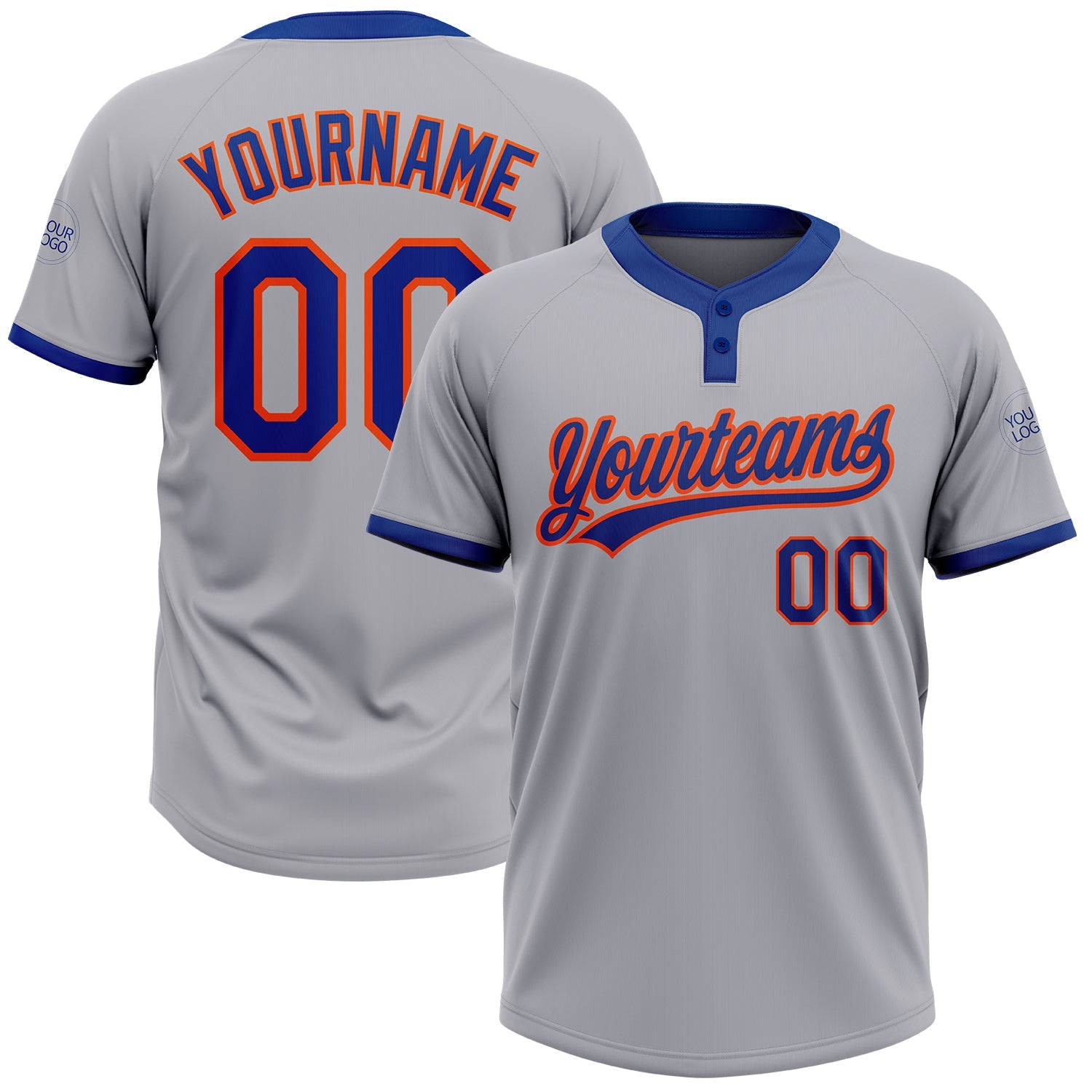 Custom Gray Royal-Orange Two-Button Unisex Softball Jersey - Main View