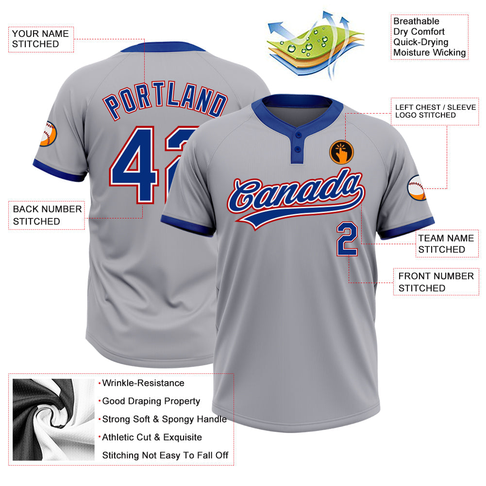 Custom Gray Royal-Red Two-Button Unisex Softball Jersey view 3