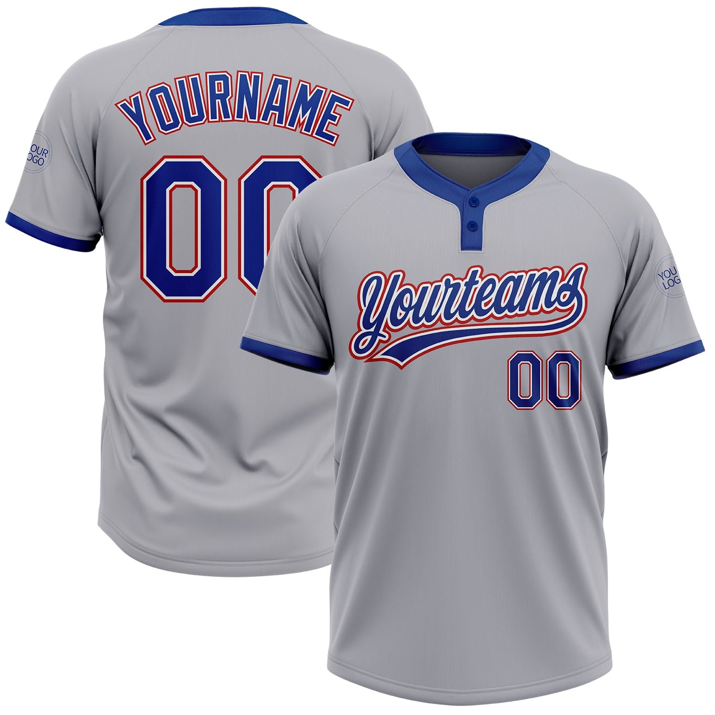 Custom Gray Royal-Red Two-Button Unisex Softball Jersey - Main View