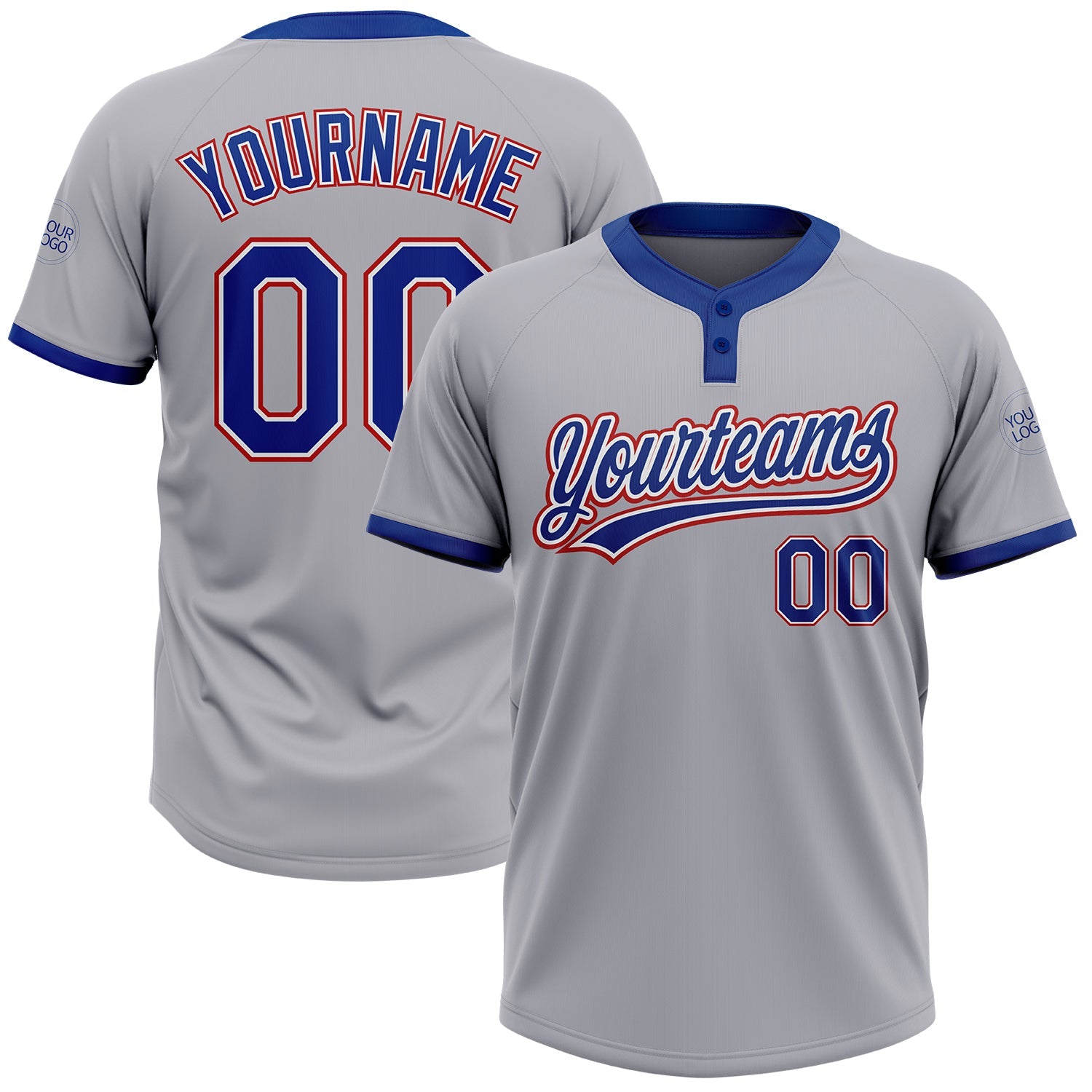 Custom Gray Royal-Red Two-Button Unisex Softball Jersey - Main View
