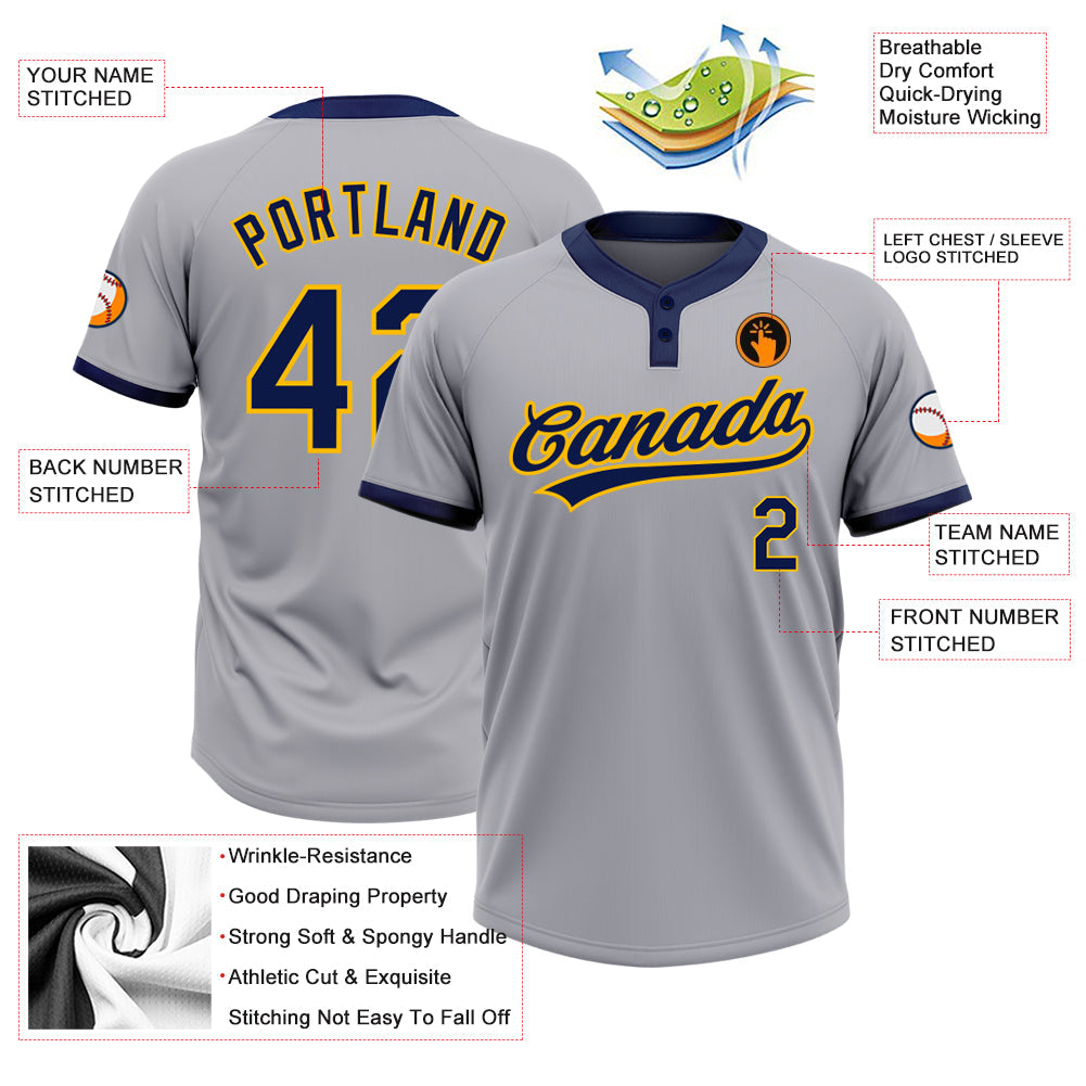 Custom Gray Navy-Gold Two-Button Unisex Softball Jersey view 3