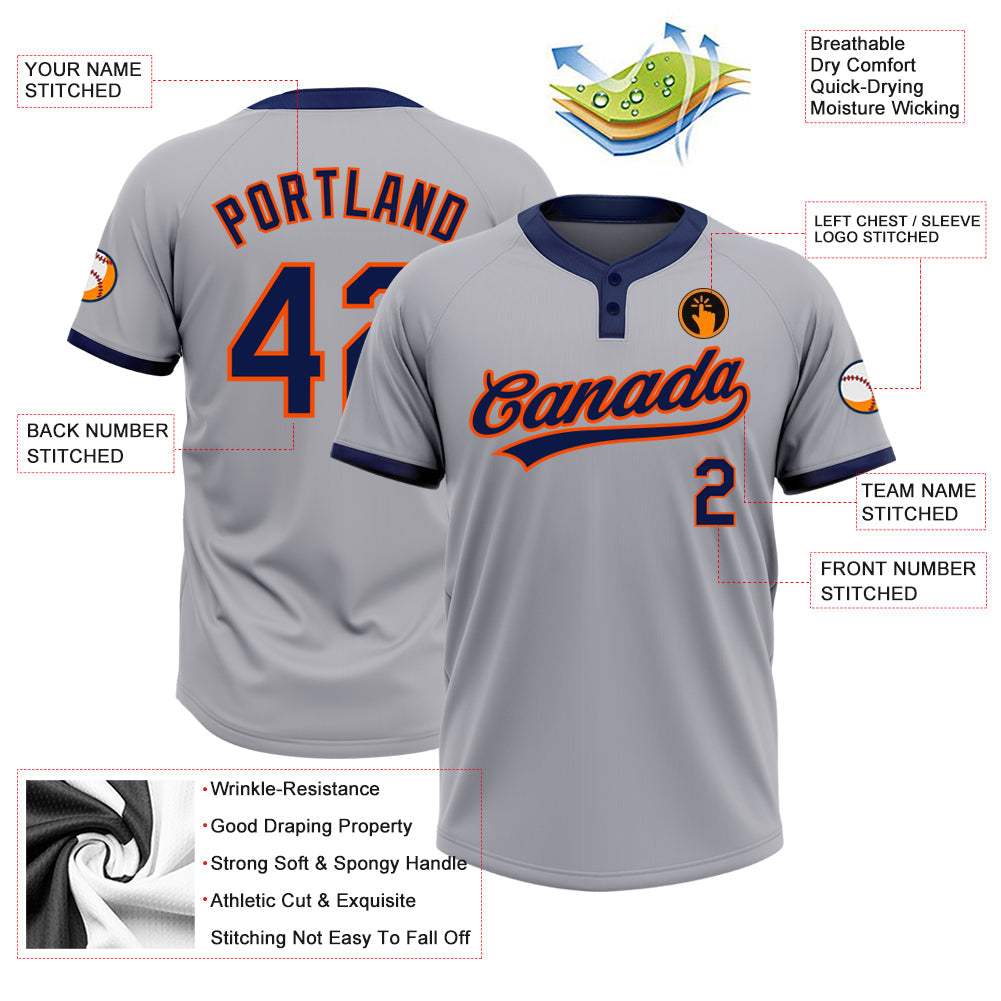 Custom Gray Navy-Orange Two-Button Unisex Softball Jersey view 3