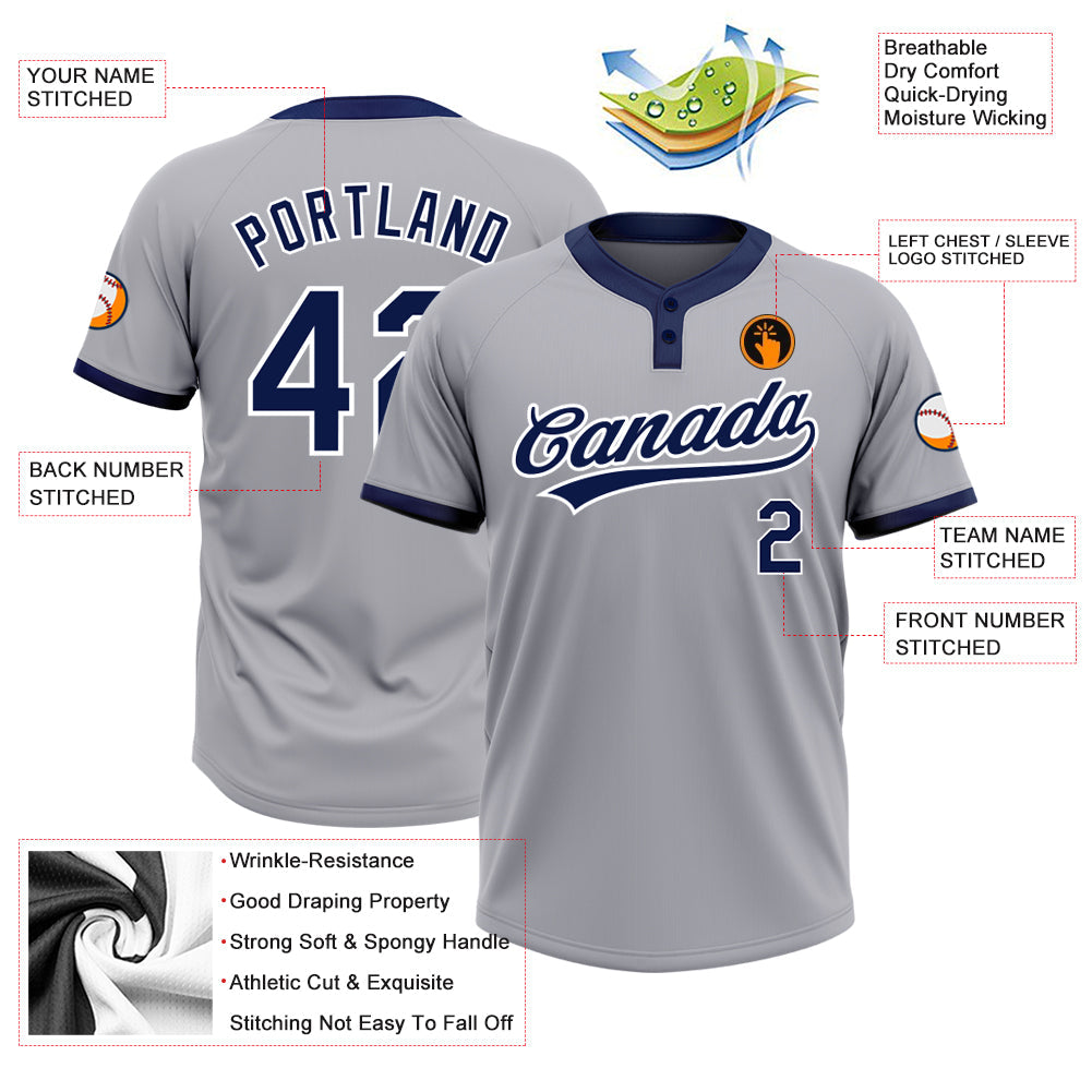 Custom Gray Navy-White Two-Button Unisex Softball Jersey view 3