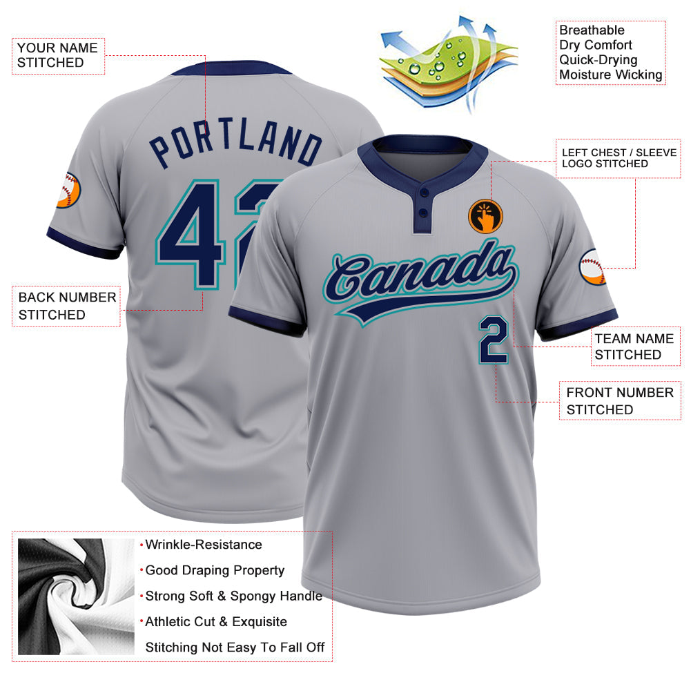 Custom Gray Navy-Teal Two-Button Unisex Softball Jersey view 3