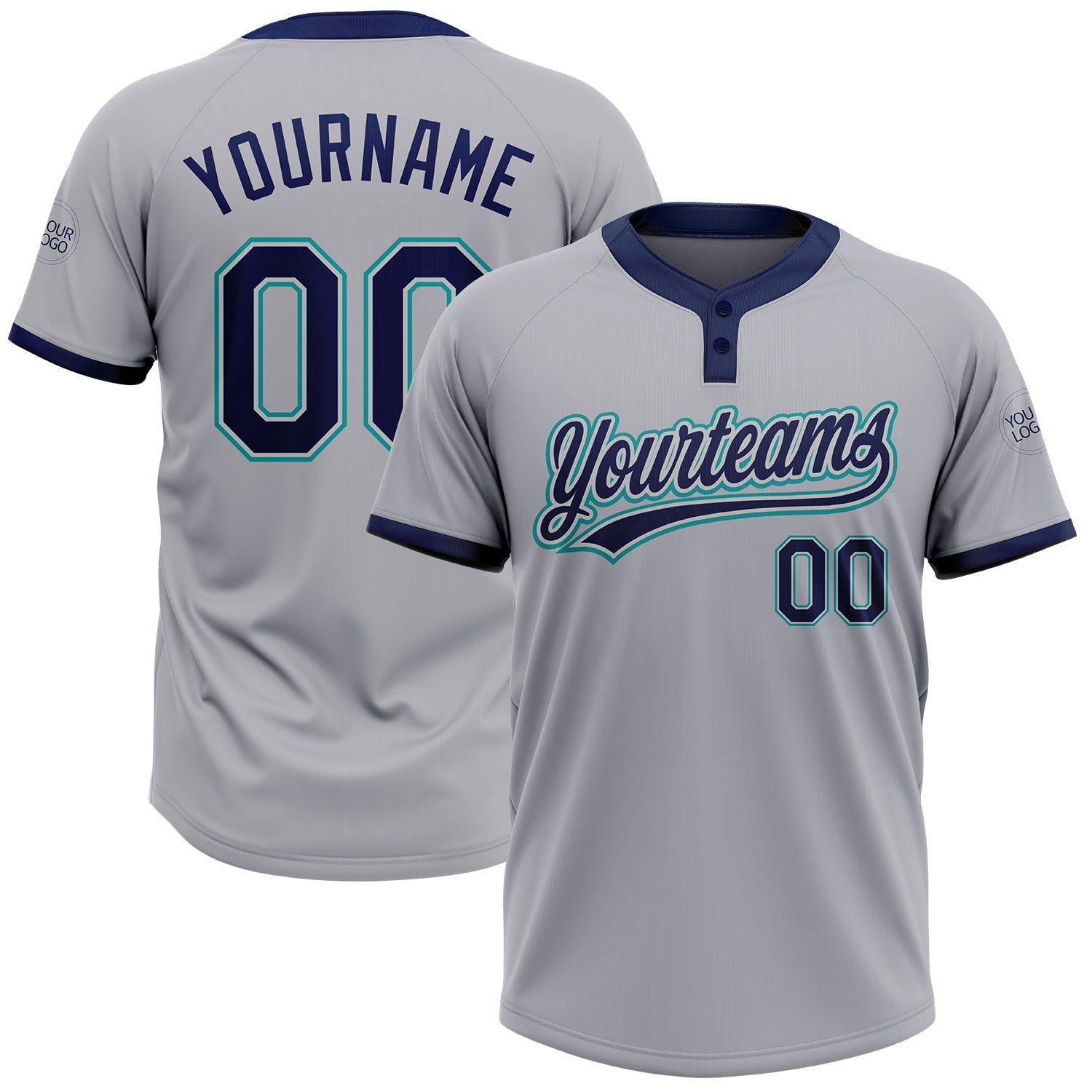 Custom Gray Navy-Teal Two-Button Unisex Softball Jersey - Main View
