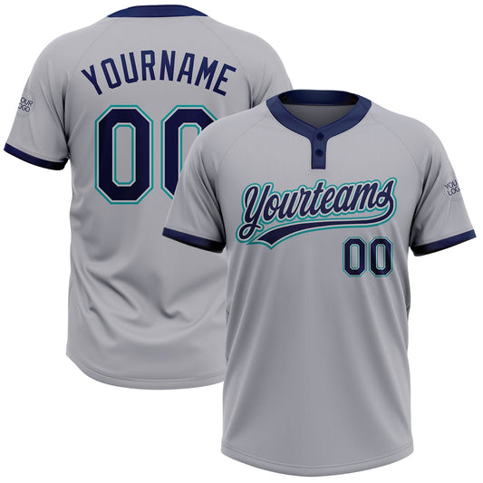 Custom Gray Navy-Teal Two-Button Unisex Softball Jersey - Main View