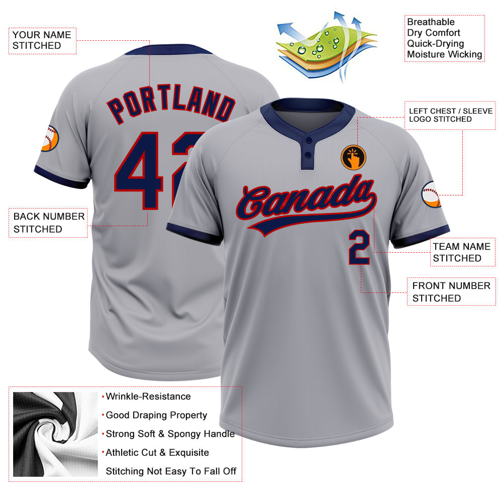Custom Gray Navy-Red Two-Button Unisex Softball Jersey view 3