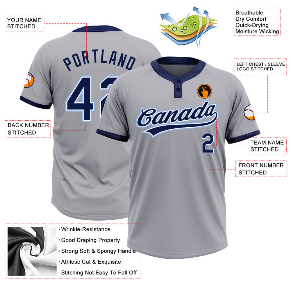 Custom Gray Navy-Powder Blue Two-Button Unisex Softball Jersey view 3
