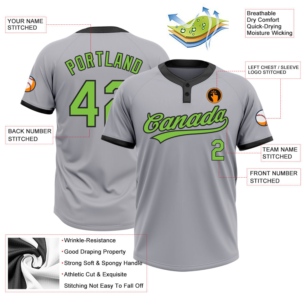Custom Gray Neon Green-Black Two-Button Unisex Softball Jersey view 3