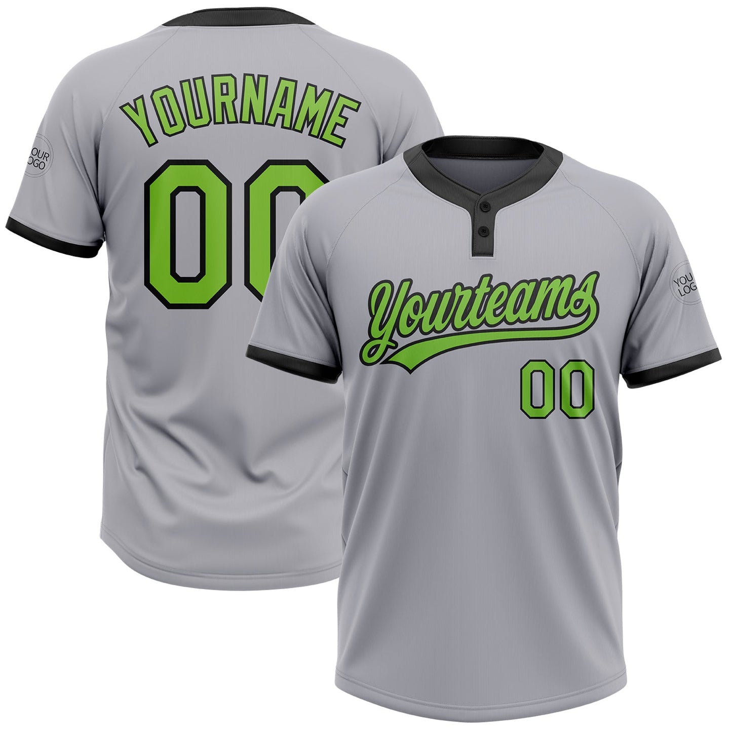 Custom Gray Neon Green-Black Two-Button Unisex Softball Jersey - Main View