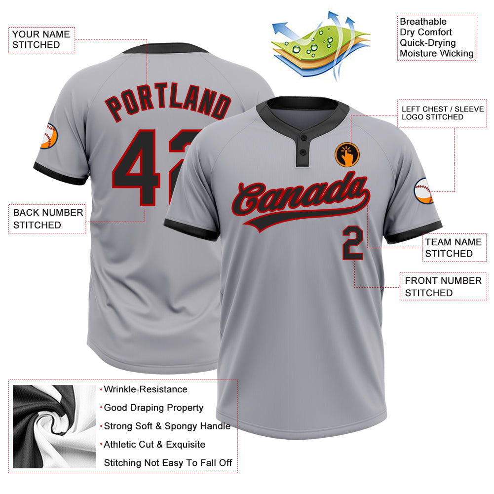 Custom Gray Black-Red Two-Button Unisex Softball Jersey view 3
