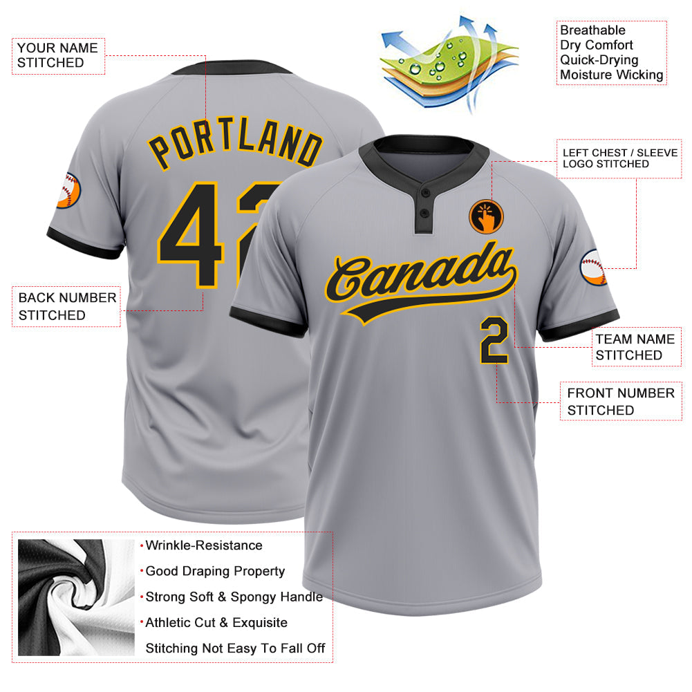 Custom Gray Black-Gold Two-Button Unisex Softball Jersey view 3
