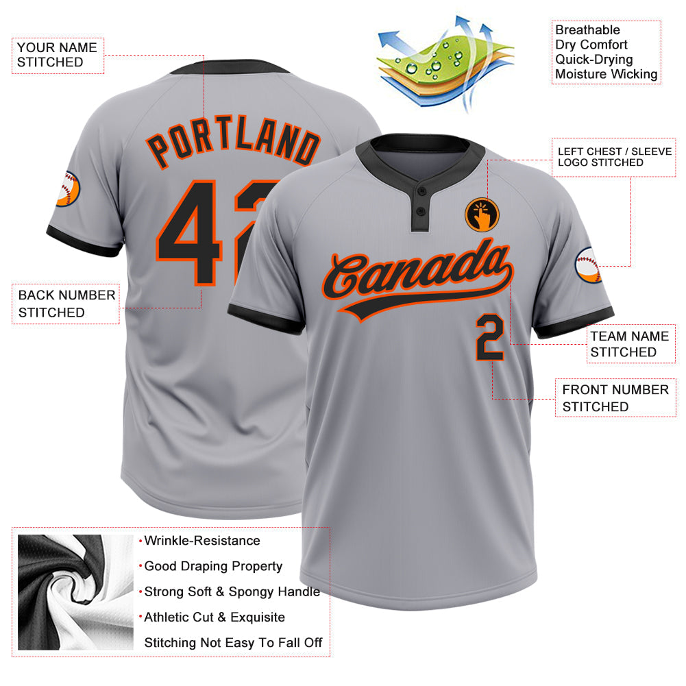 Custom Gray Black-Orange Two-Button Unisex Softball Jersey view 3