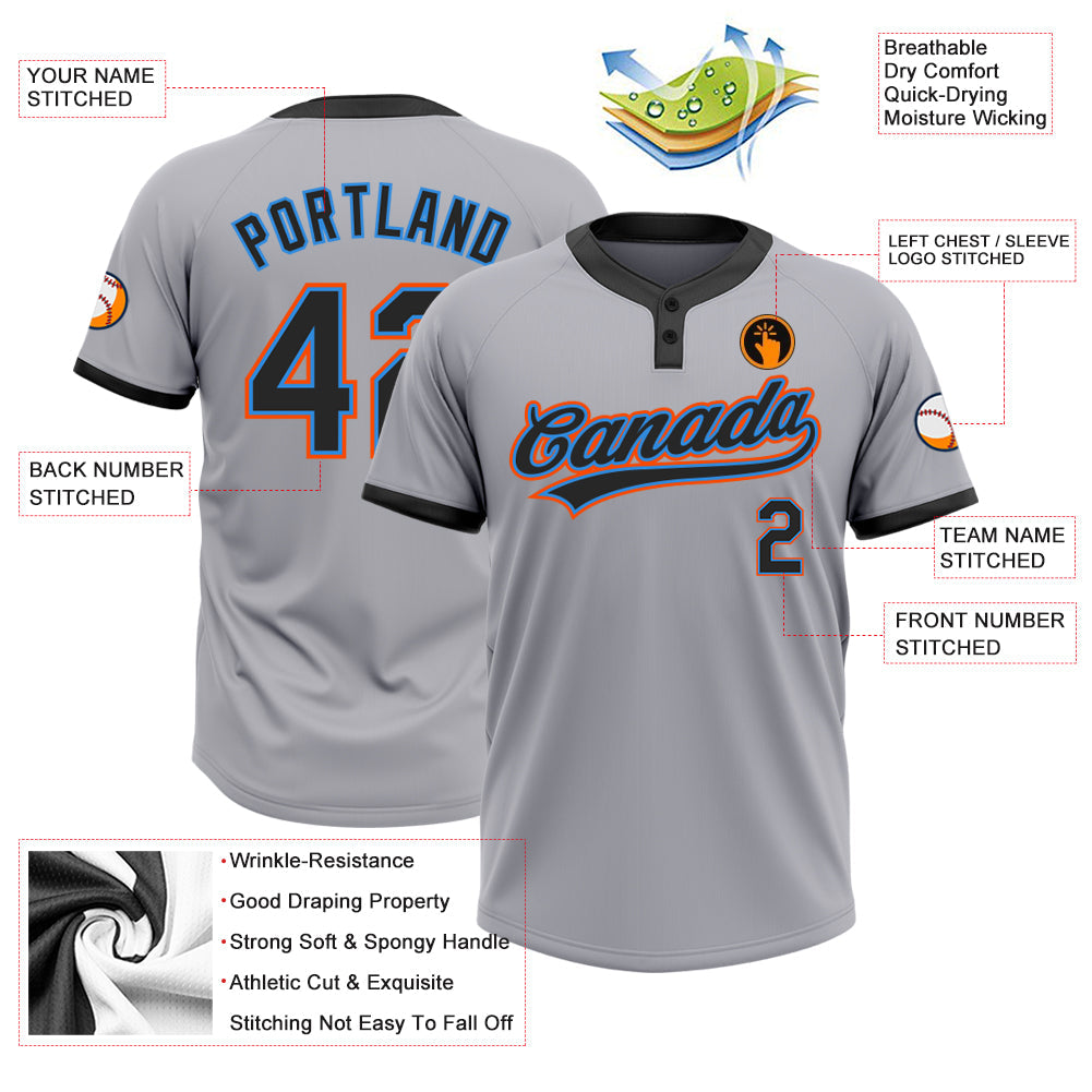 Custom Gray Black Powder Blue-Orange Two-Button Unisex Softball Jersey view 3