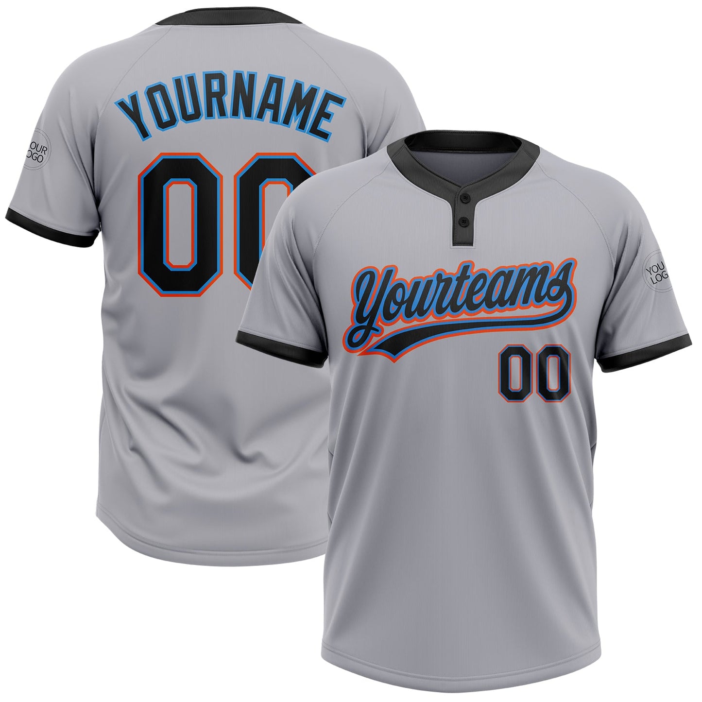 Custom Gray Black Powder Blue-Orange Two-Button Unisex Softball Jersey - Main View