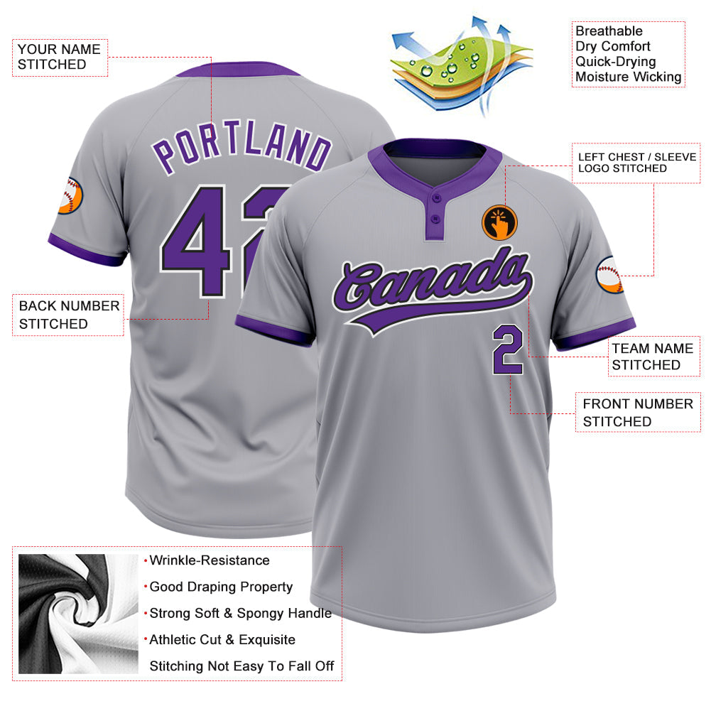 Custom Gray Purple-Black Two-Button Unisex Softball Jersey view 3