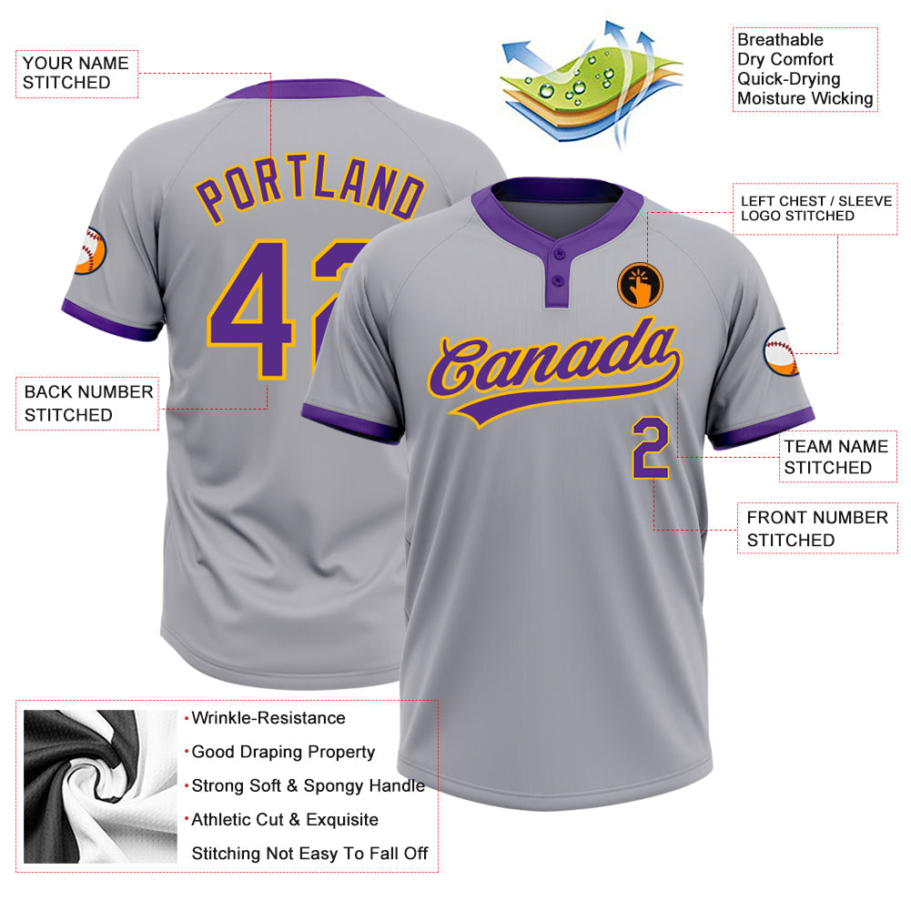 Custom Gray Purple-Gold Two-Button Unisex Softball Jersey view 3
