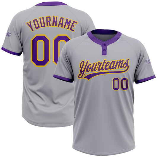 Custom Gray Purple-Gold Two-Button Unisex Softball Jersey - Main View