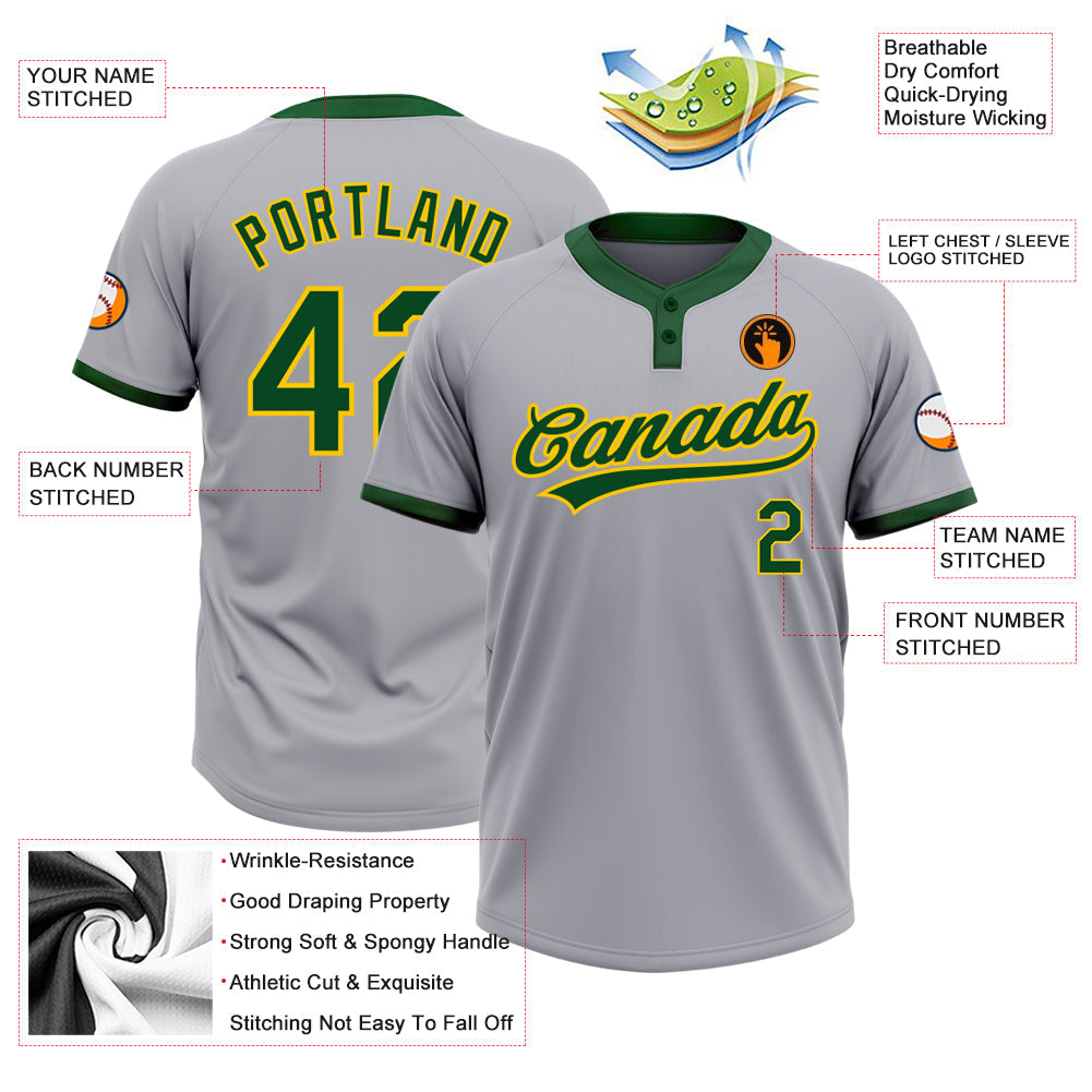 Custom Gray Green-Gold Two-Button Unisex Softball Jersey view 3