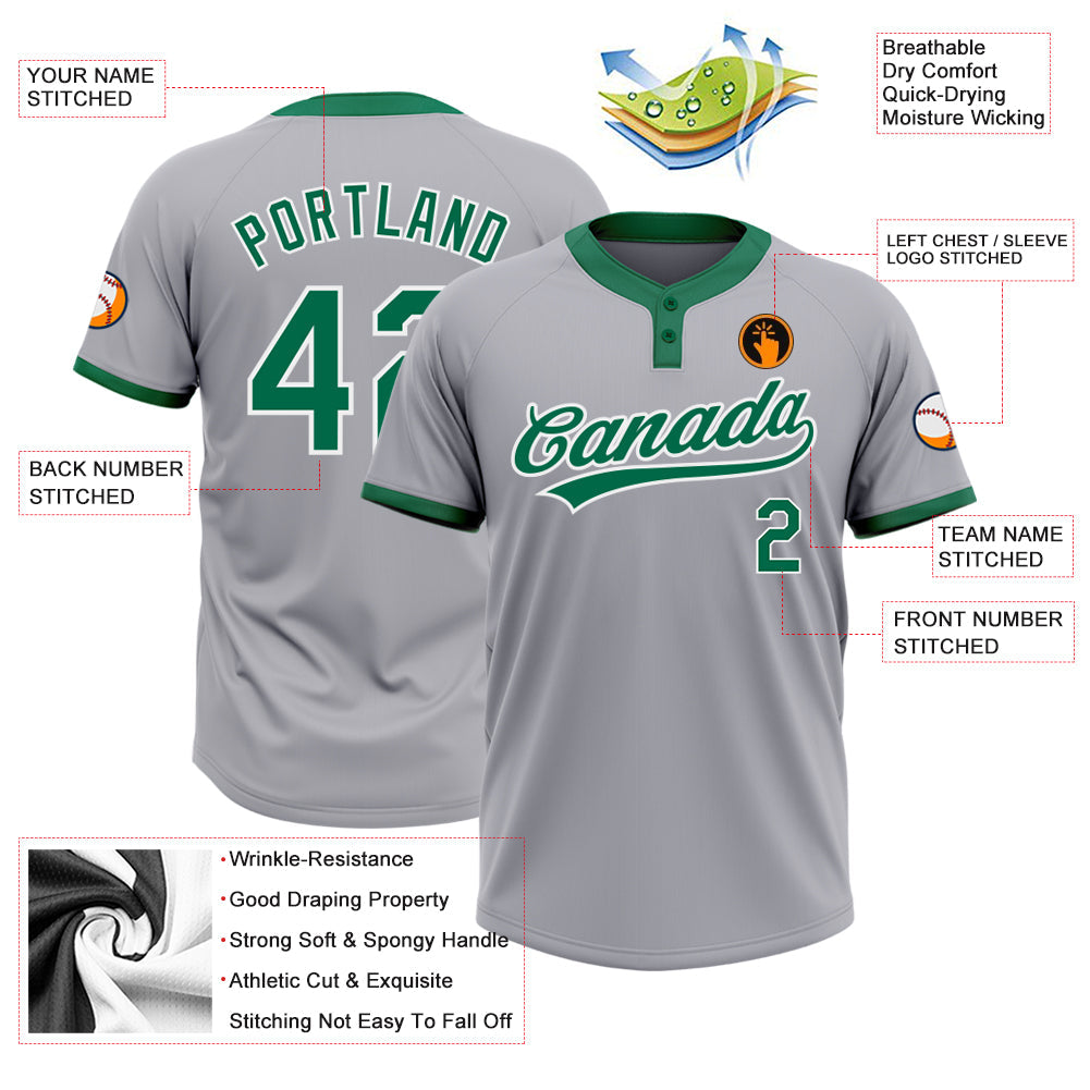 Custom Gray Kelly Green-White Two-Button Unisex Softball Jersey view 3