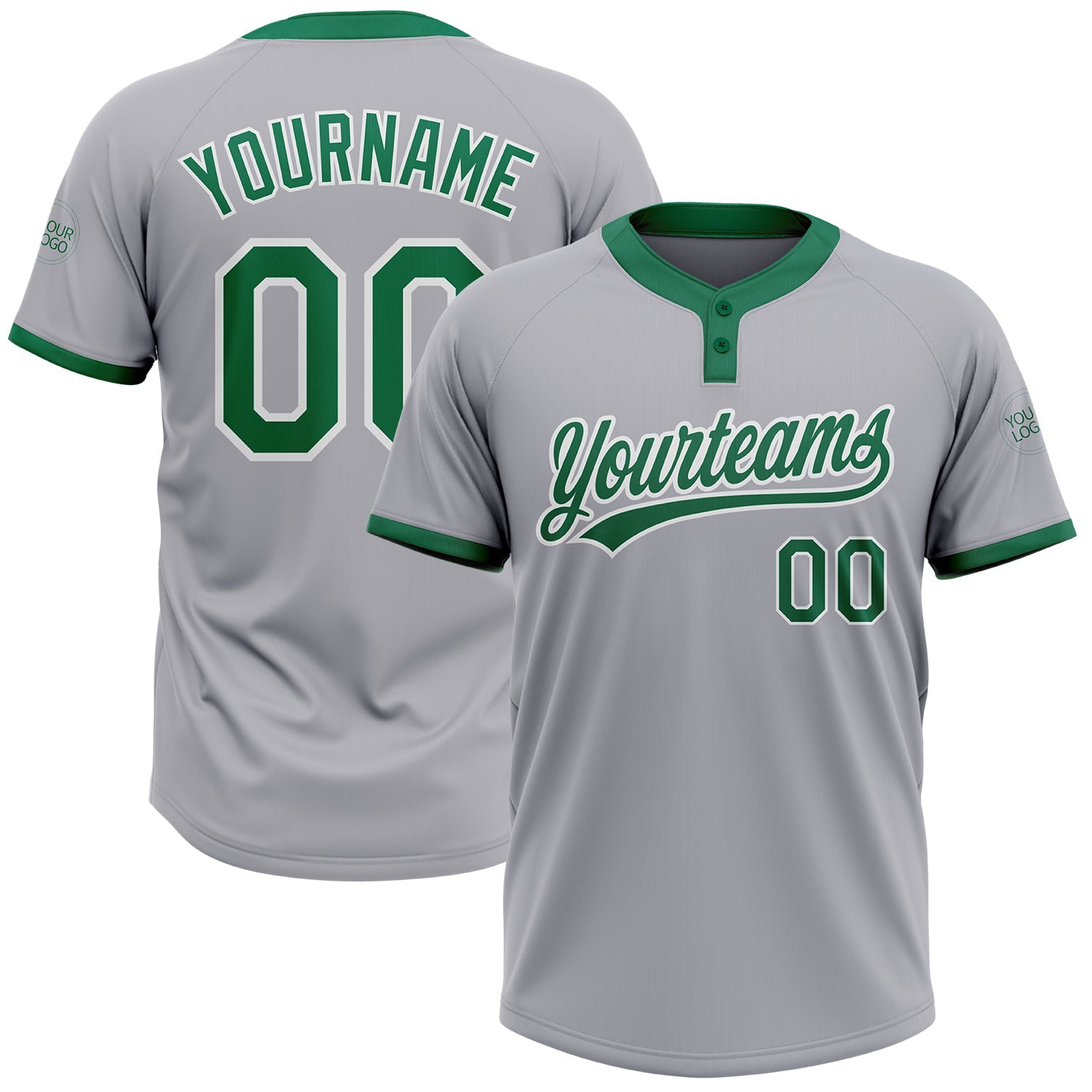 Custom Gray Kelly Green-White Two-Button Unisex Softball Jersey - Main View