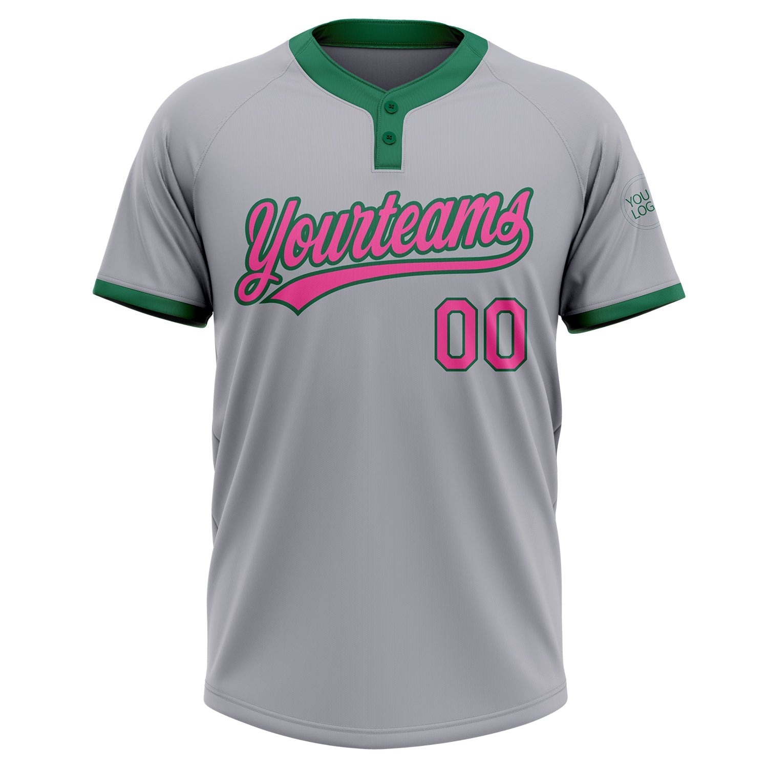 Custom Gray Pink-Kelly Green Two-Button Unisex Softball Jersey view 2