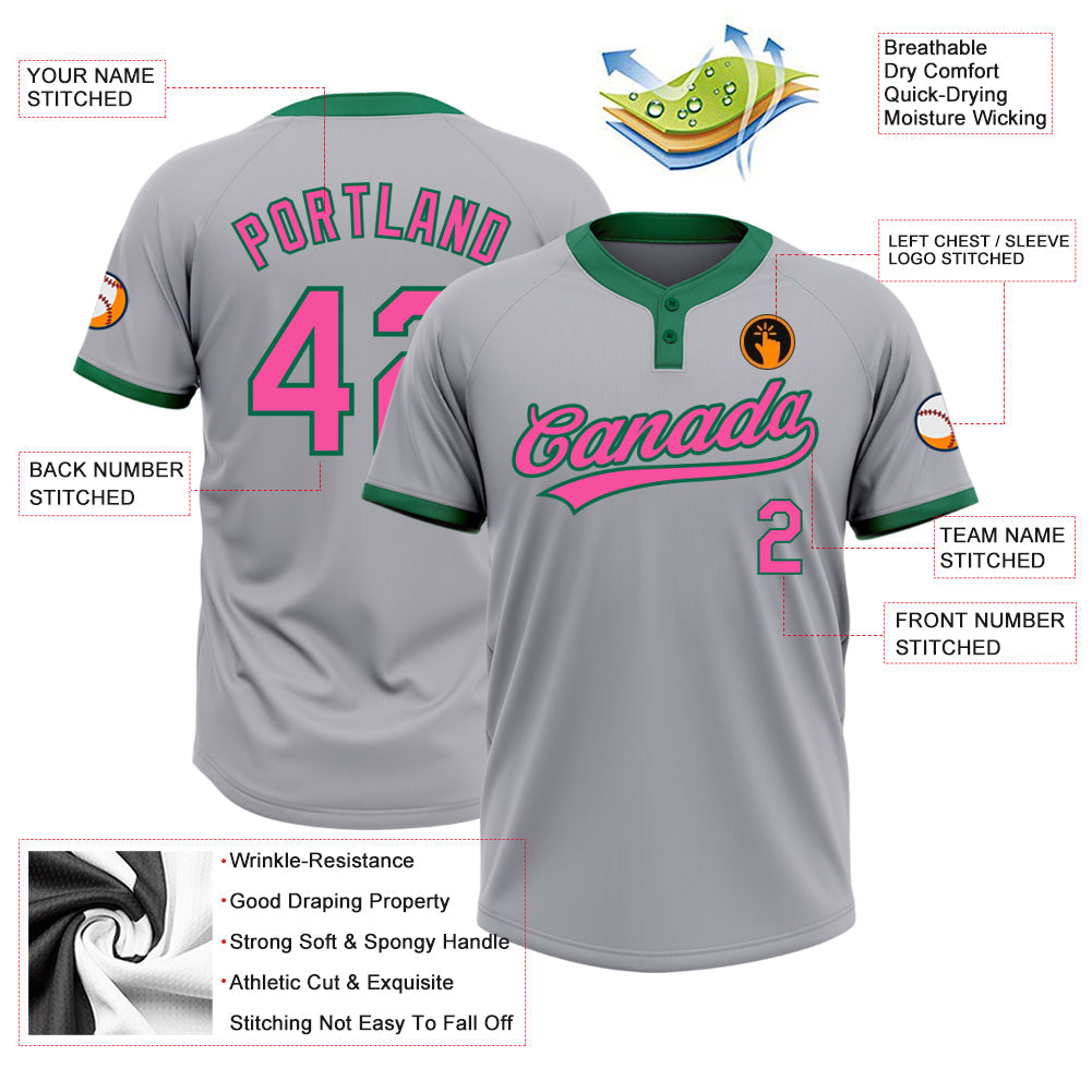 Custom Gray Pink-Kelly Green Two-Button Unisex Softball Jersey view 3