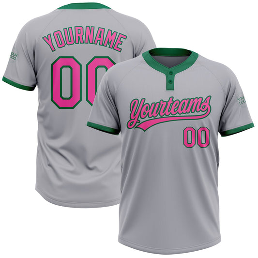 Custom Gray Pink-Kelly Green Two-Button Unisex Softball Jersey - Main View