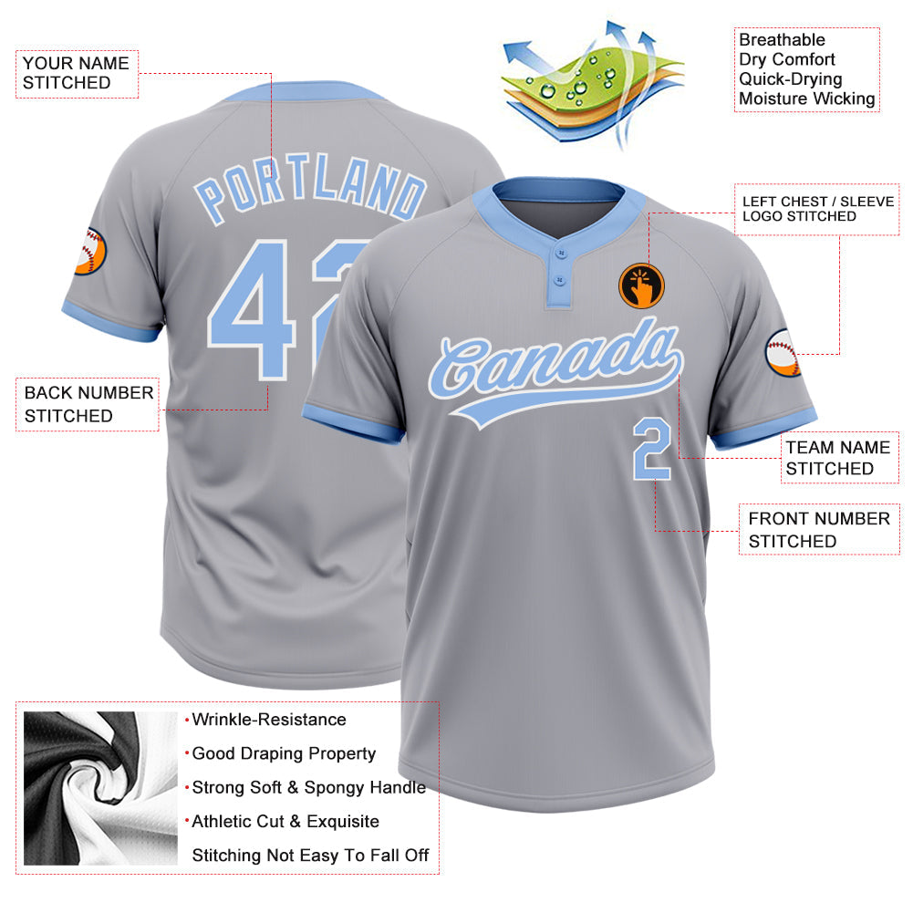 Custom Gray Light Blue-White Two-Button Unisex Softball Jersey view 3