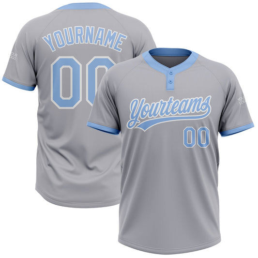 Custom Gray Light Blue-White Two-Button Unisex Softball Jersey - Main View