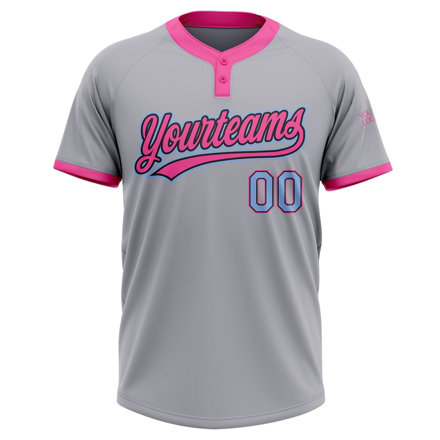 Custom Gray Light Blue Black-Pink Two-Button Unisex Softball Jersey view 2