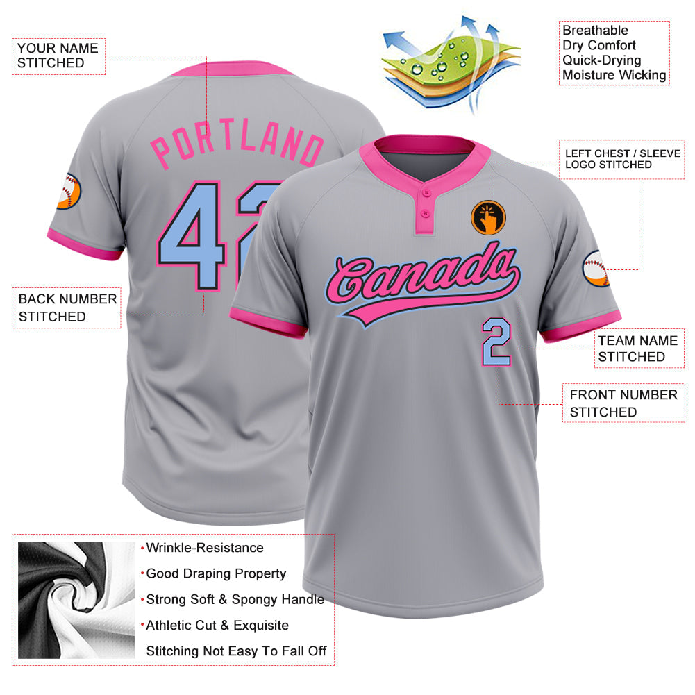 Custom Gray Light Blue Black-Pink Two-Button Unisex Softball Jersey view 3