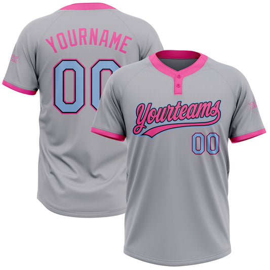 Custom Gray Light Blue Black-Pink Two-Button Unisex Softball Jersey - Main View