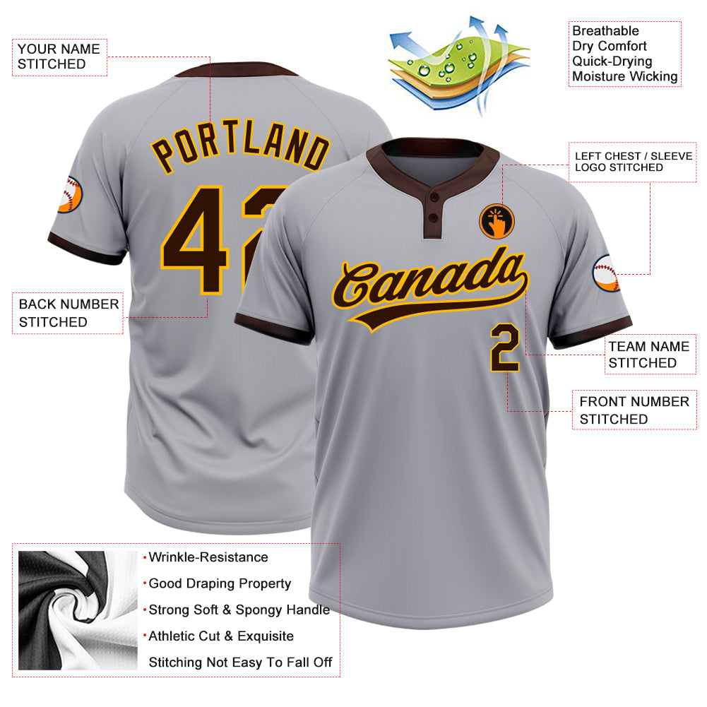 Custom Gray Brown-Gold Two-Button Unisex Softball Jersey view 3