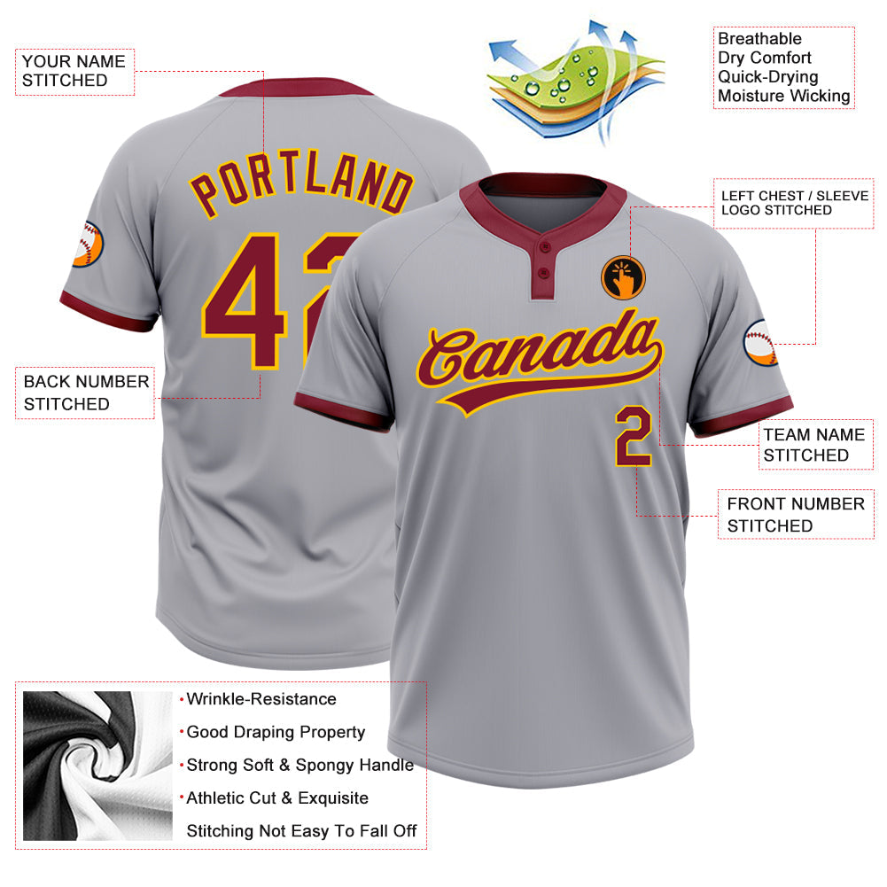 Custom Gray Crimson-Gold Two-Button Unisex Softball Jersey view 3