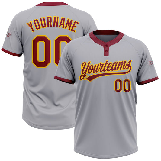 Custom Gray Crimson-Gold Two-Button Unisex Softball Jersey - Main View